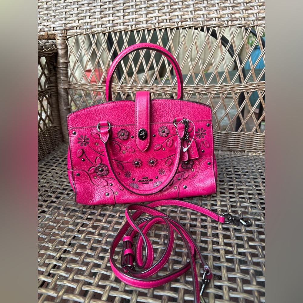 COACH Pink Willow Floral Mercer Satchel 24 In Grain Leather - Picture 6 of 13